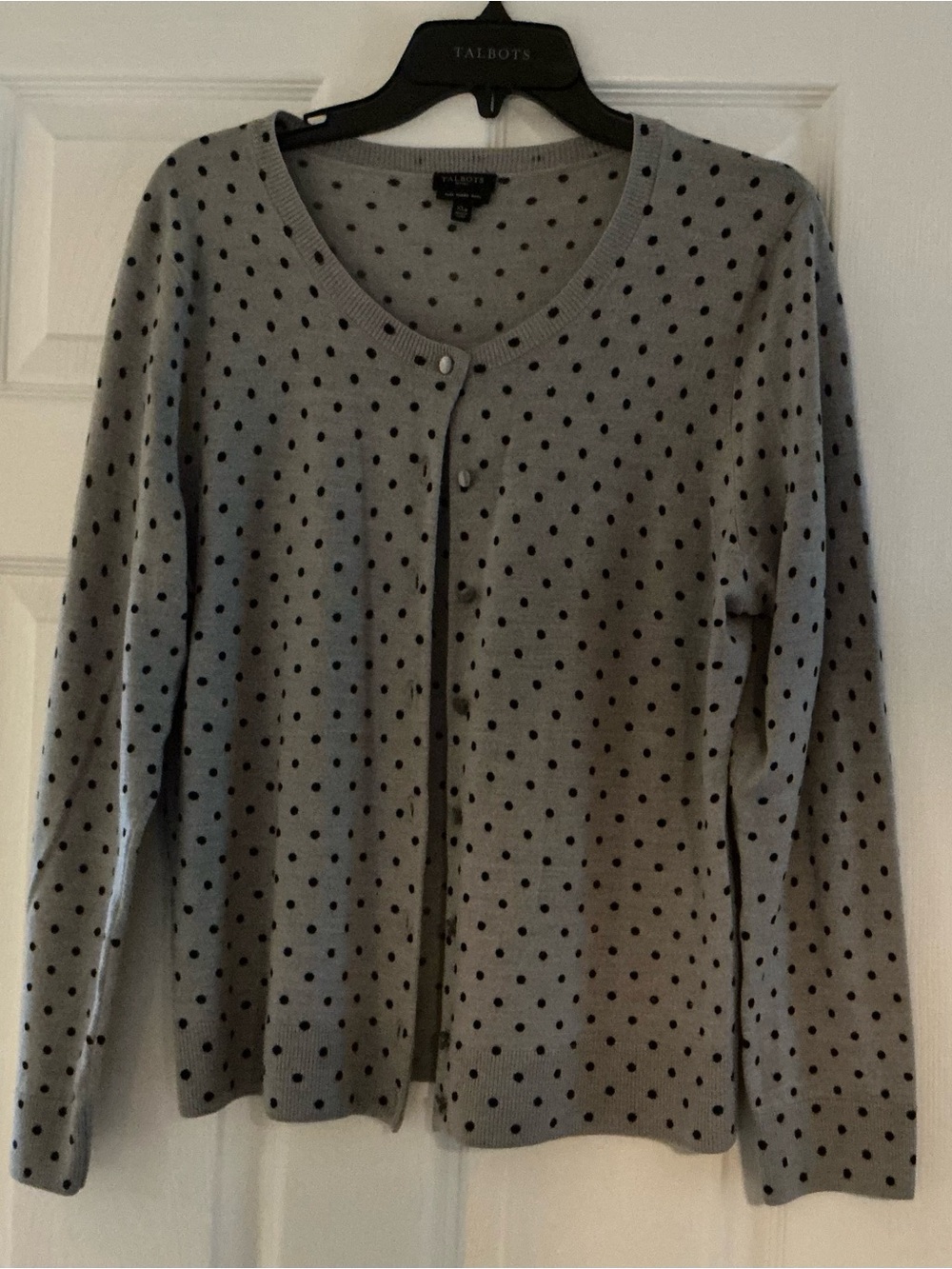Talbots Gray Cardigan with Black Polka Dots